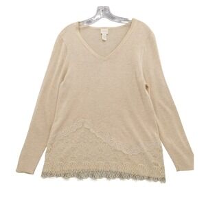 Chico's Lace Trim Sweater V-Neck Long Sleeve Beige Knit Top Size 1‎ M